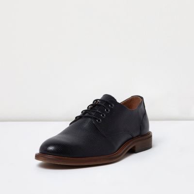 Navy blue textured leather lace-up shoes
